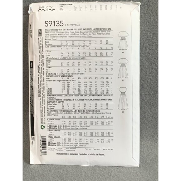 Simplicity S9135 Womens Dress Pattern Sizes 14-22 Misses Dress - Picture 2 of 2